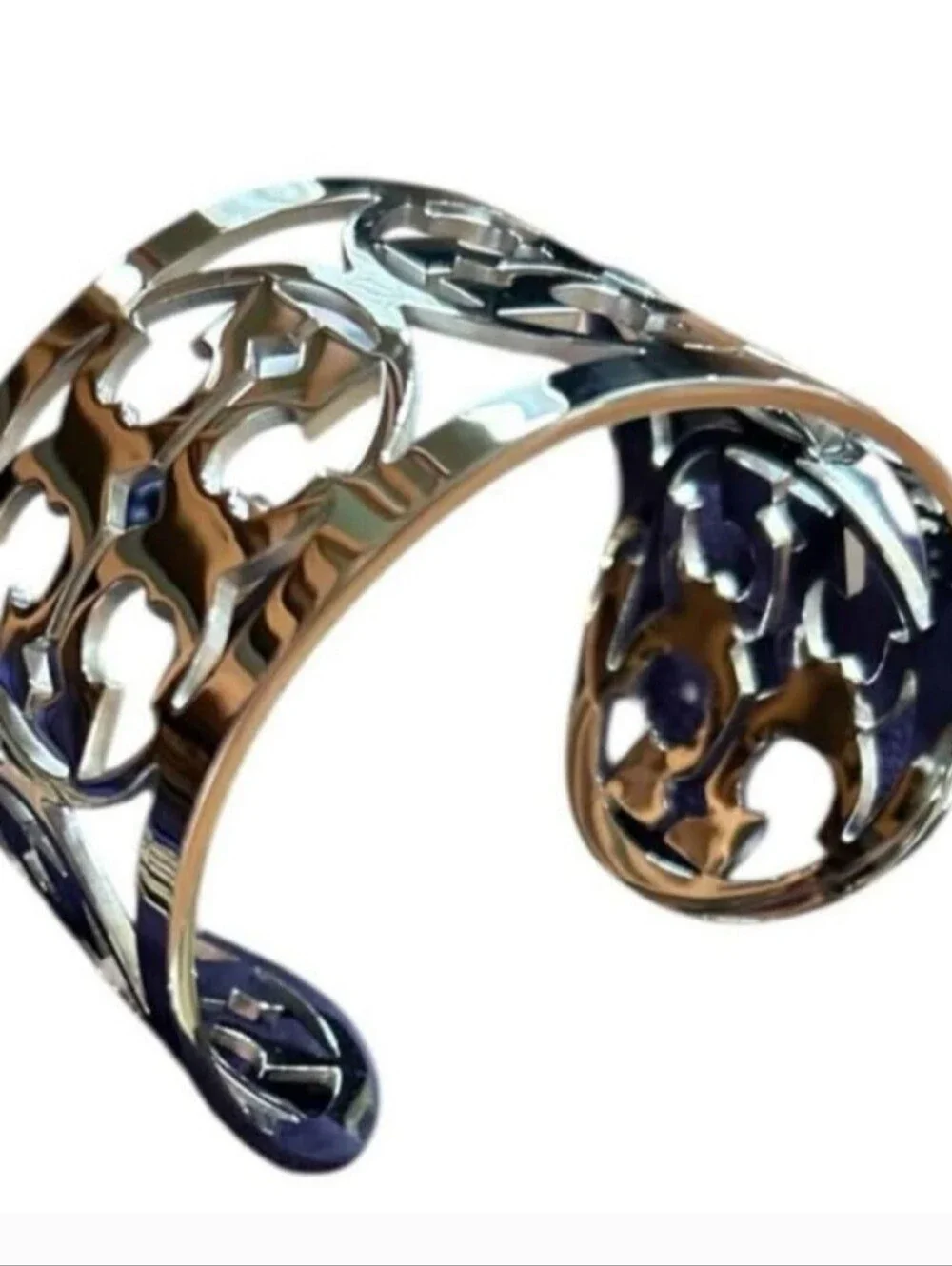 Tory Burch Polished Silver Logo Cutout Wide Cuff Bracelet